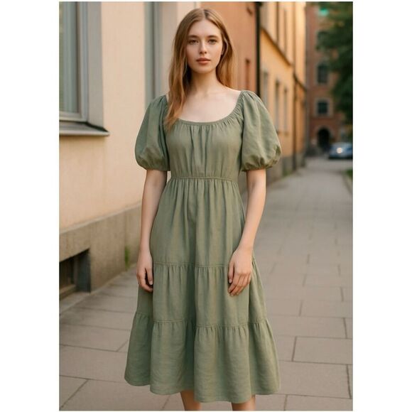 NWT Sim & Sam Balloon Sleeves Midi Dress sz M Milk Maid Empire Waist Cottagecore - Picture 1 of 12